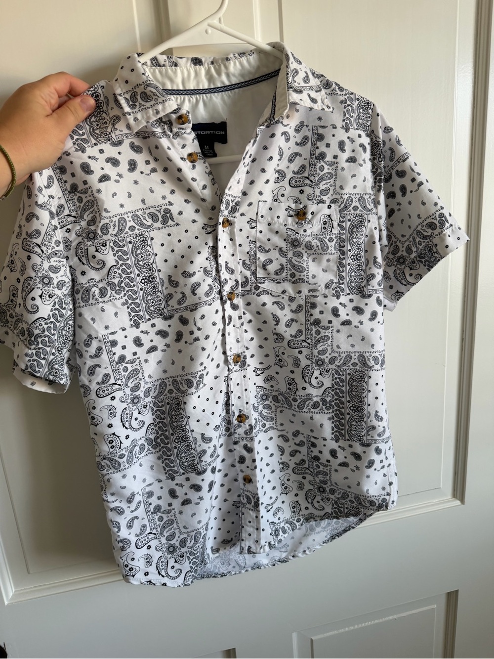 Men's White Paisley Patch Short-Sleeve Button-Down Shirt